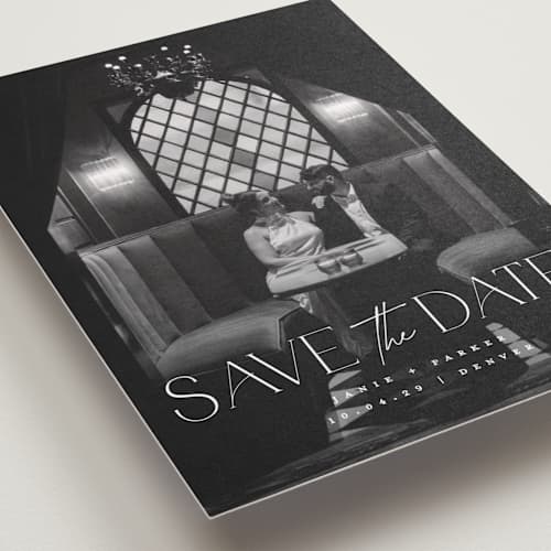 This is a pearl petite save the dates with standard by Jessica Corliss called simple elegance printing on recycled smooth signature in petite