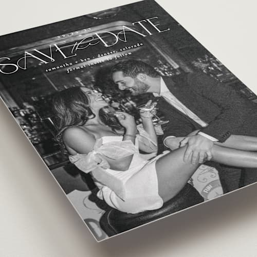 This is a pearl petite save the dates with standard by Brooke Chandler called elegant fete printing on recycled smooth signature in petite