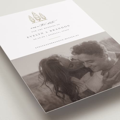 This is a champagne petite save the dates with standard by Sarah Brown called arborvitae printing on recycled smooth signature in petite