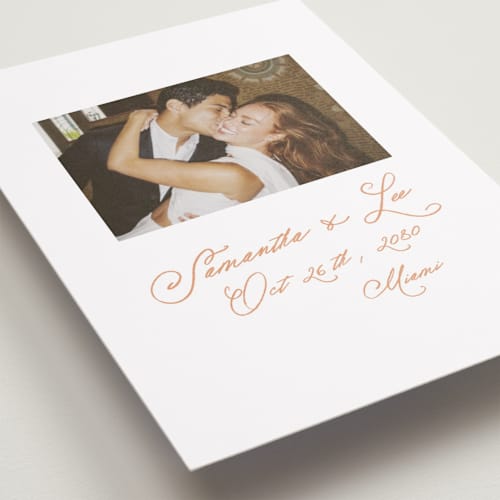 This is a peach petite save the dates with standard by AK Graphics called flourishing printing on recycled smooth signature in petite