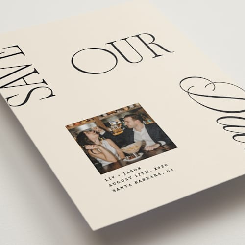 This is a buttercream petite save the dates with standard by Olivia Goree called true romance printing on recycled smooth signature in petite