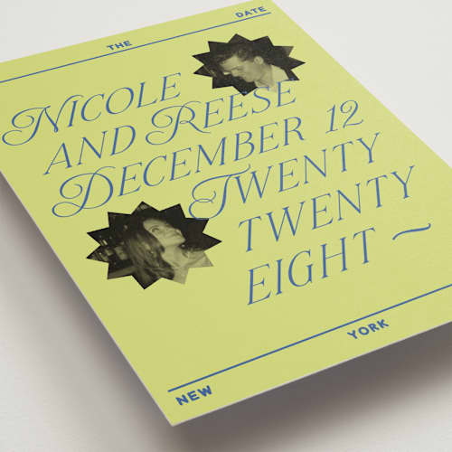 This is a chartreuse petite save the dates with standard by Jennifer Lew called communiqué printing on recycled smooth signature in petite