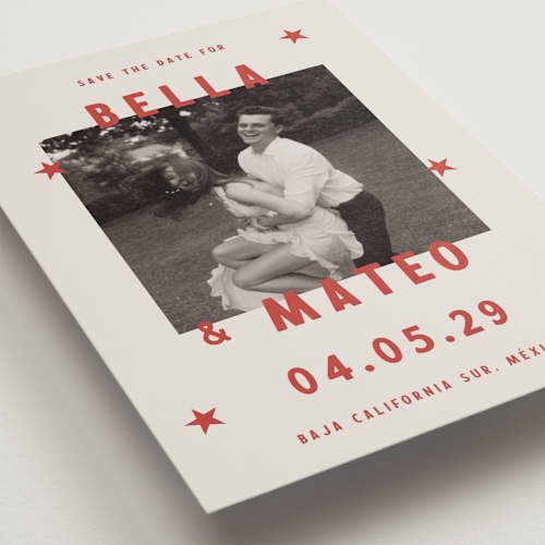 This is a sierra petite save the dates with standard by Ani Somi called coyota printing on recycled smooth signature in petite