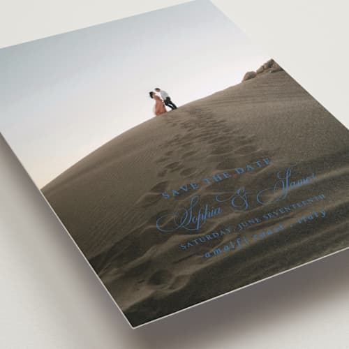 This is a blue mist petite save the dates with standard by Design Lotus called amalfi blue printing on recycled smooth signature in petite