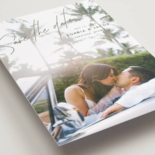 This is a olive you more petite save the dates with standard by Design Lotus called true north printing on recycled smooth signature in petite