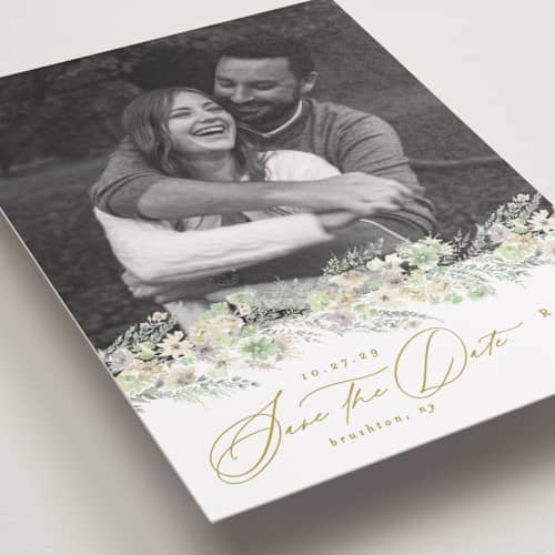 This is a greenery petite save the dates with standard by Phrosné Barwood called floral arch printing on recycled smooth signature in petite