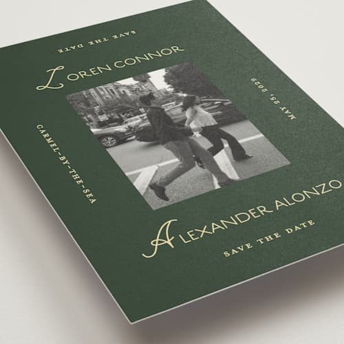 This is a citrus petite save the dates with standard by Angela Quan called grid printing on recycled smooth signature in petite