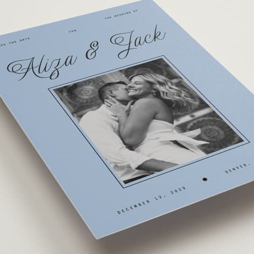 This is a sky petite save the dates with standard by Blustery August called cheers printing on recycled smooth signature in petite