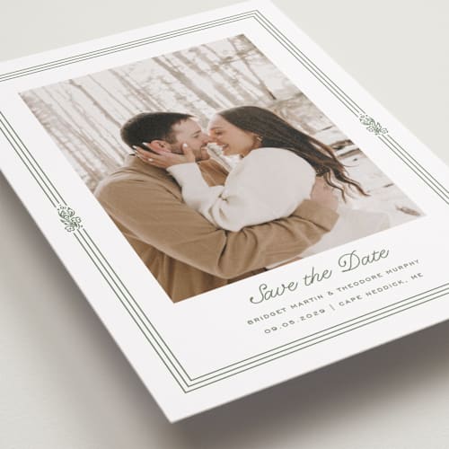 This is a leaf petite save the dates with standard by Kate Ahn called court printing on recycled smooth signature in petite