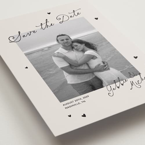 This is a vintage petite save the dates with standard by Kelly Watkins called felicity printing on recycled smooth signature in petite