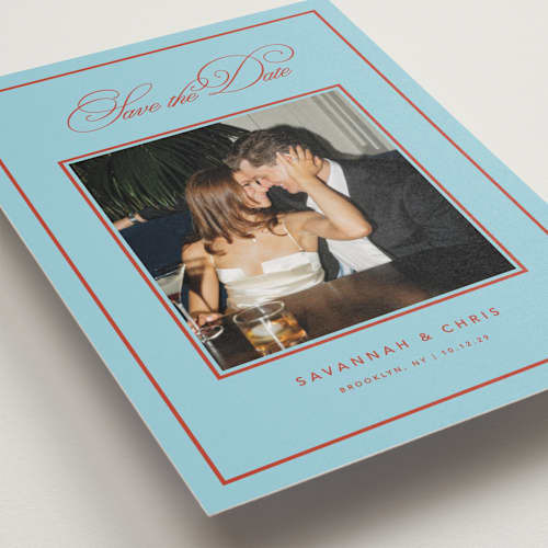 This is a sky petite save the dates with standard by Kelly Watkins called vivid printing on recycled smooth signature in petite
