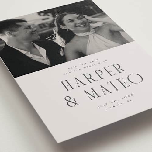 This is a sandstone petite save the dates with standard by Nicole Walsh called close-up printing on recycled smooth signature in petite