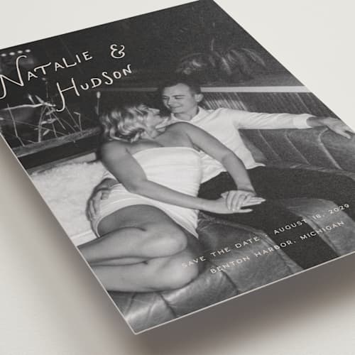 This is a buttercream petite save the dates with standard by Pixel and Hank called lovers printing on recycled smooth signature in petite