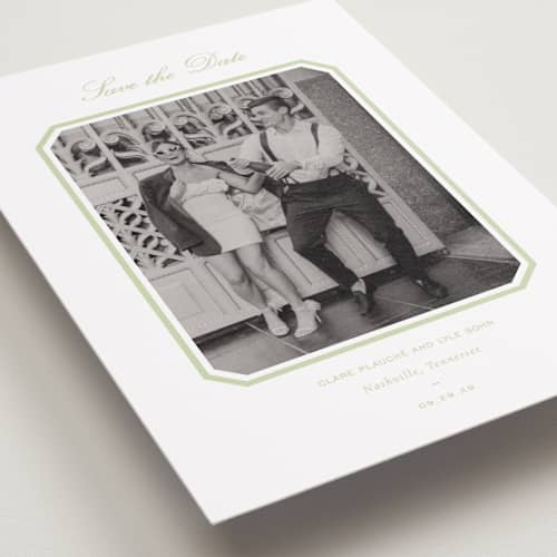 This is a mint petite save the dates with standard by Sara Hicks Malone called montgomery printing on recycled smooth signature in petite