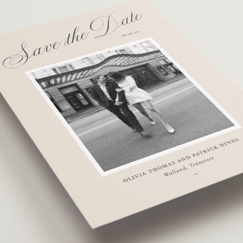 This is a champagne petite save the dates with standard by Sara Hicks Malone called belle meade printing on recycled smooth signature in petite