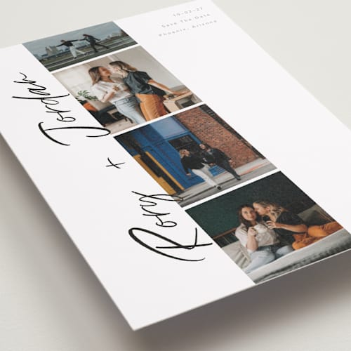 This is a vanilla petite save the dates with standard by Chryssi Tsoupanarias called photobooth love printing on recycled smooth signature in petite