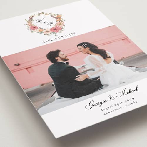 This is a sunset petite save the dates with standard by Susan Moyal called cherished printing on recycled smooth signature in petite