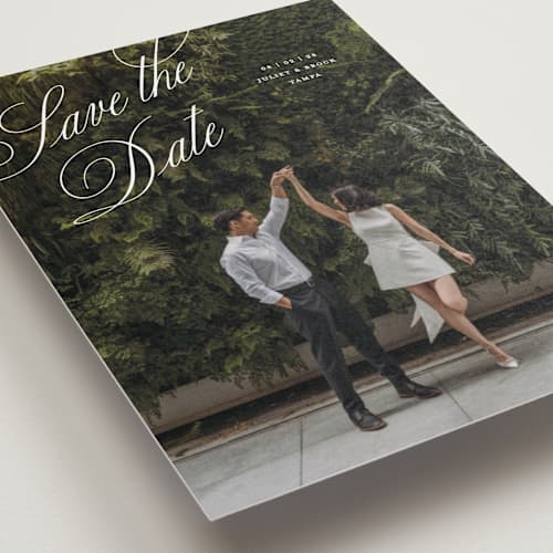 This is a pearl petite save the dates with standard by Pixel and Hank called enamored printing on recycled smooth signature in petite