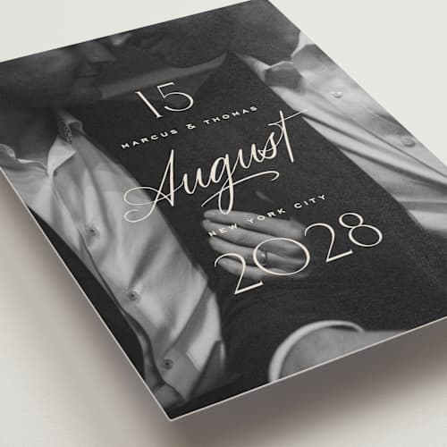 This is a ivory petite save the dates with standard by Oscar and Emma - Karly Depew called the date is set printing on recycled smooth signature in petite