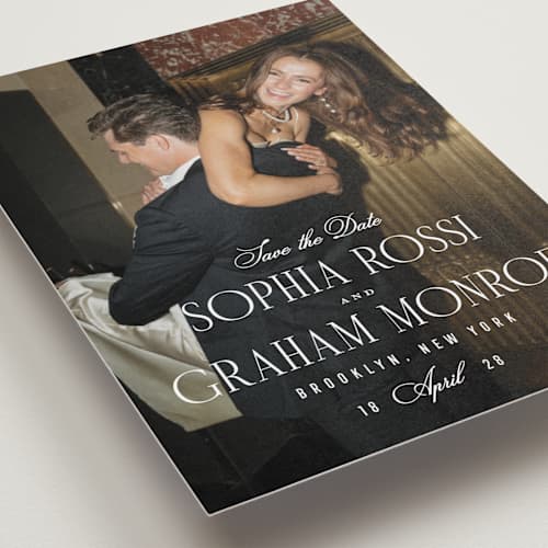 This is a quartz petite save the dates with standard by Kristie Kern called the cinema printing on recycled smooth signature in petite