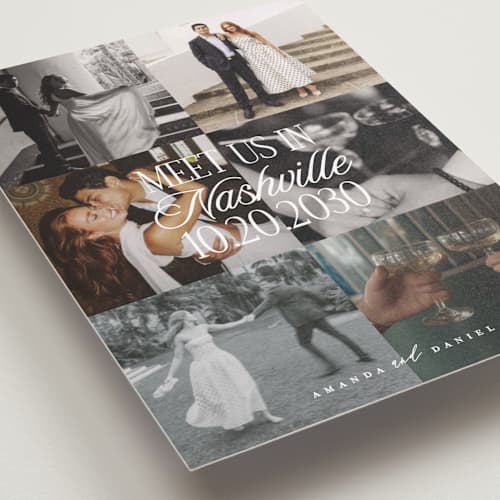 This is a chiffon petite save the dates with standard by Maria Alou called modern collage printing on recycled smooth signature in petite