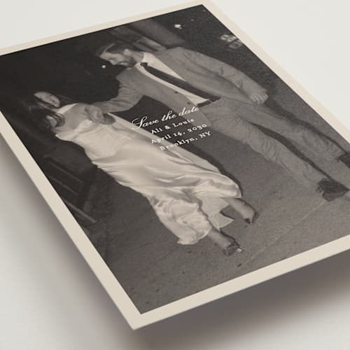 This is a cream petite save the dates with standard by Ellen Schlegelmilch called louie printing on recycled smooth signature in petite