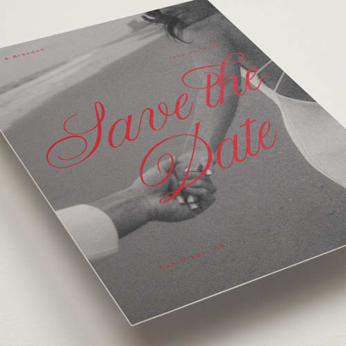 This is a crimson petite save the dates with standard by Vera Lim called poster. printing on recycled smooth signature in petite