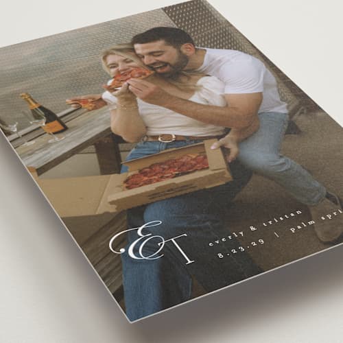 This is a quartz petite save the dates with standard by Kristie Kern called whispered printing on recycled smooth signature in petite