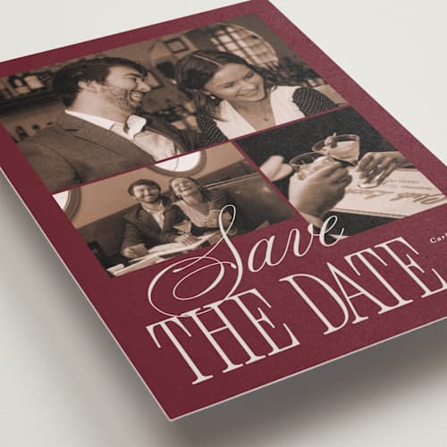 This is a plum petite save the dates with standard by Brianne Larsen called elegant three printing on recycled smooth signature in petite