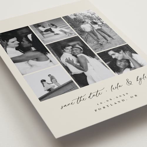 This is a cream petite save the dates with standard by Angela Thompson called merry modern printing on recycled smooth signature in petite