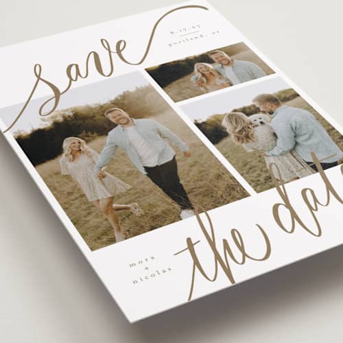 This is a veil petite save the dates with standard by Elsa Duncan called tri-photo happy holidays printing on recycled smooth signature in petite