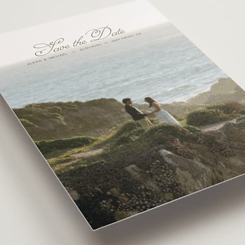 This is a moss petite save the dates with standard by Casey Miller called quiet horizon printing on recycled smooth signature in petite