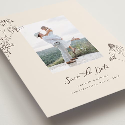 This is a sandpaper petite save the dates with standard by Baumbirdy called sketched florals printing on recycled smooth signature in petite