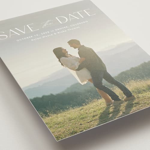 This is a cloud petite save the dates with standard by Kate Ahn called monterosso printing on recycled smooth signature in petite