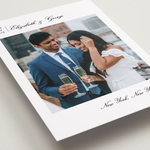 This is a ink petite save the dates with standard by Megan Davis called atelier printing on recycled smooth signature in petite