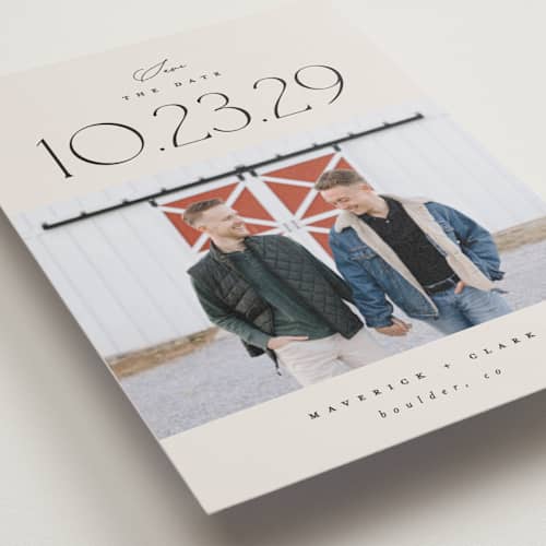 This is a ivory petite save the dates with standard by Carolyn Nicks called romancing the date printing on recycled smooth signature in petite