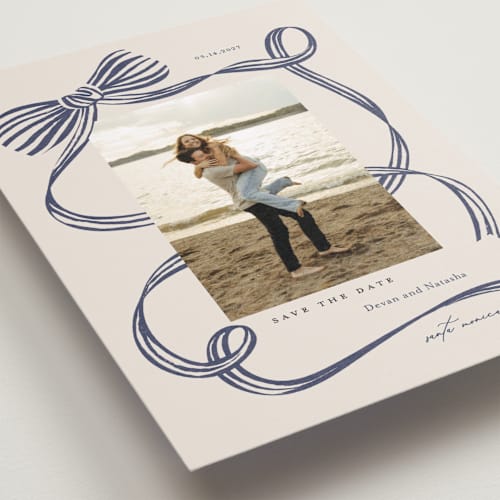 This is a blue spruce petite save the dates with standard by Carrie ONeal called neddy printing on recycled smooth signature in petite