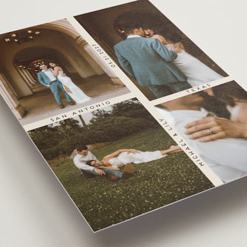 This is a ecru petite save the dates with standard by Morgan Kendall called grid printing on recycled smooth signature in petite