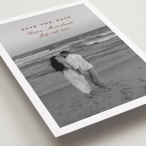 This is a pecan petite save the dates with standard by chocomocacino called flatkaka printing on recycled smooth signature in petite