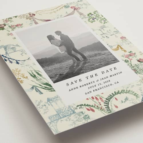 This is a nouvelle petite save the dates with standard by Sumak Studio called chinoiserie printing on recycled smooth signature in petite