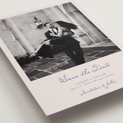 This is a royal petite save the dates with standard by Cass Loh called swan crest printing on recycled smooth signature in petite