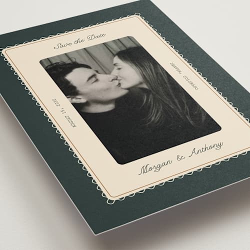 This is a emerald petite save the dates with standard by Kate Ahn called bettie printing on recycled smooth signature in petite