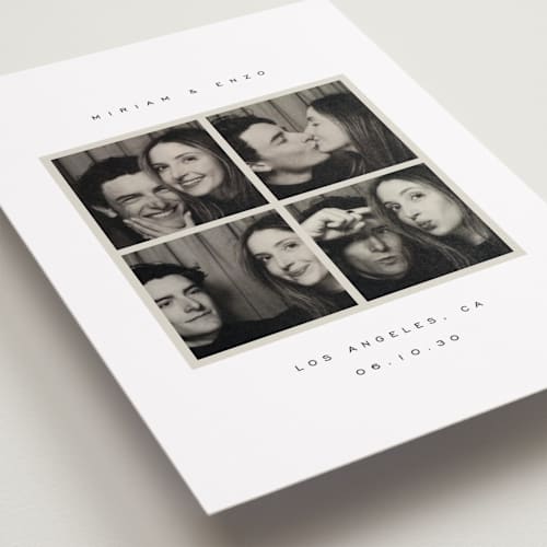This is a powder petite save the dates with standard by Emily Sabol Goss called snapped moments printing on recycled smooth signature in petite