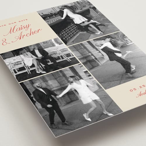 This is a maraschino petite save the dates with standard by Alexandra Cohn called galleria printing on recycled smooth signature in petite