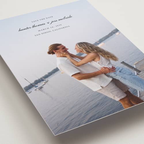 This is a tuxedo petite save the dates with standard by Michelle Buckner called horizon printing on recycled smooth signature in petite