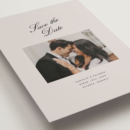 This is a clay petite save the dates with standard by Olivia Kanaley Inman called hayworth printing on recycled smooth signature in petite