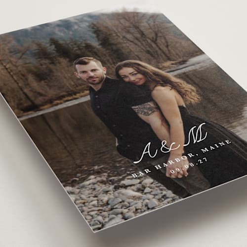 This is a pearl petite save the dates with standard by Up Up Creative called lettra printing on recycled smooth signature in petite
