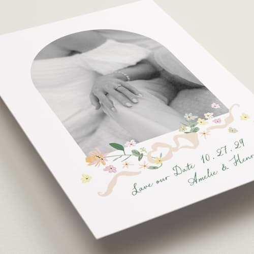 This is a spring petite save the dates with standard by Phrosné Barwood called spring draped garland printing on recycled smooth signature in petite