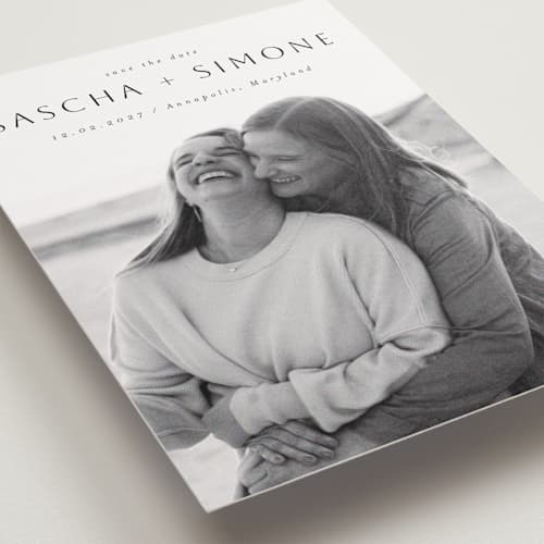 This is a downtown petite save the dates with standard by Ani Somi called happy sailing printing on recycled smooth signature in petite