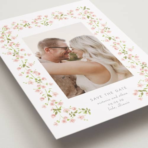 This is a peony petite save the dates with standard by Baumbirdy called rosebud printing on recycled smooth signature in petite